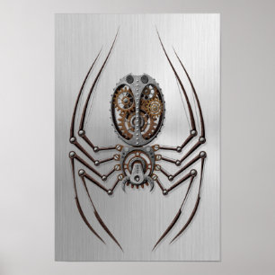 Póster Aranha de Steampunk com efeito de aço inoxidável