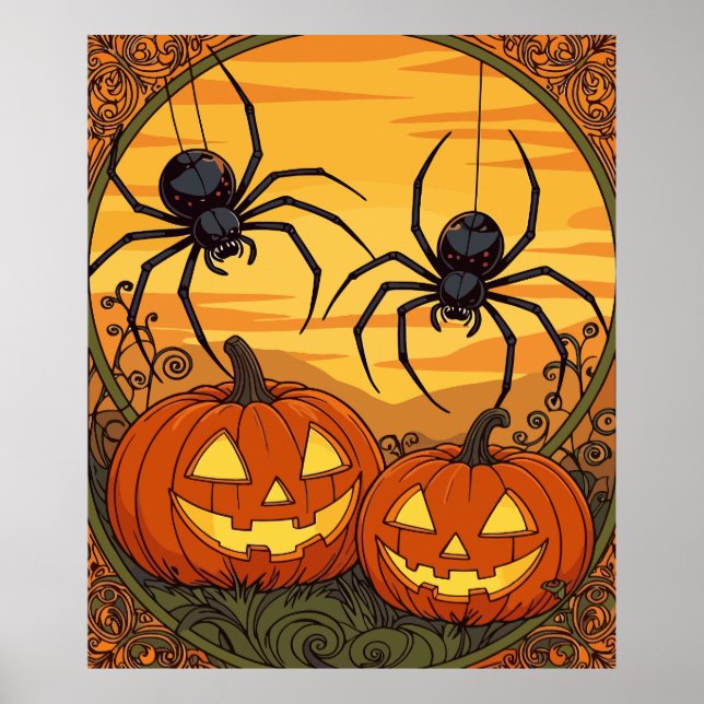 Poster Aranhas Art Nouveau em um campo Jack O Lanterna (Frente)