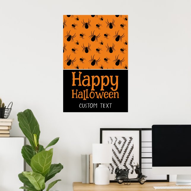 Poster Aranhas Feliz Dia das Bruxas Preto Laranja Nome pe (Escritório em casa)