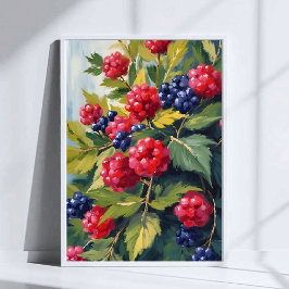 Poster Arbusto de Frutas Amoras Silvestres Morangos Aquar