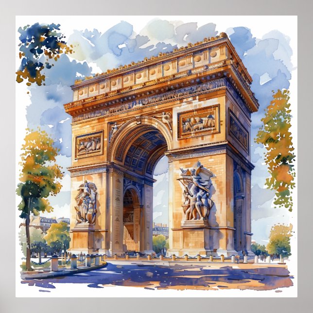 Poster Arc de Triomphe Watercolor Viagem Landmarks França (Frente)