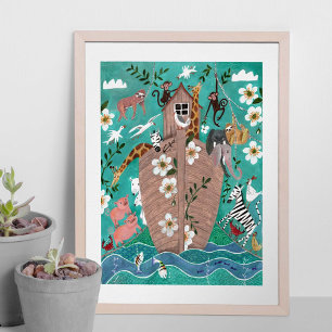 Poster Arca de Noé infantil azul turquesa fofa para crian