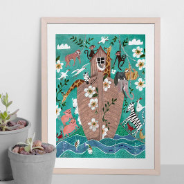 Poster Arca de Noé infantil azul turquesa fofo