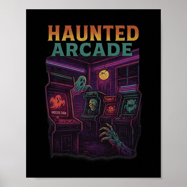 Poster Arcade Assombrado Design Retro de Halloween para J (Frente)