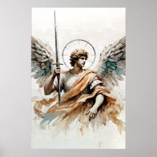 Poster Arcanjo Miguel Aquarela Arte Cristã de Anjo