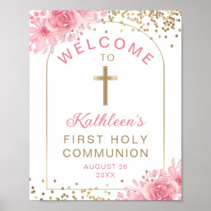 Poster Arch Dourado Rosa Floral Primeira Comunhão Sagrada