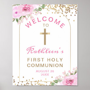 Poster Arch Rosa Dourado Floral Primeira Comunhão Sagrada