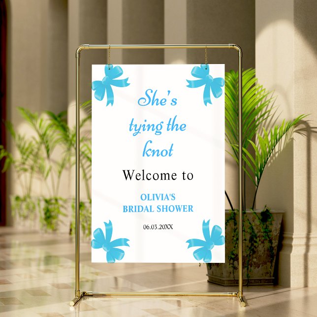 Poster Arco azul Ela é Chá de panela de Casando (Blue Bow She's Tying The Knot Bridal Shower Welcome Sign )