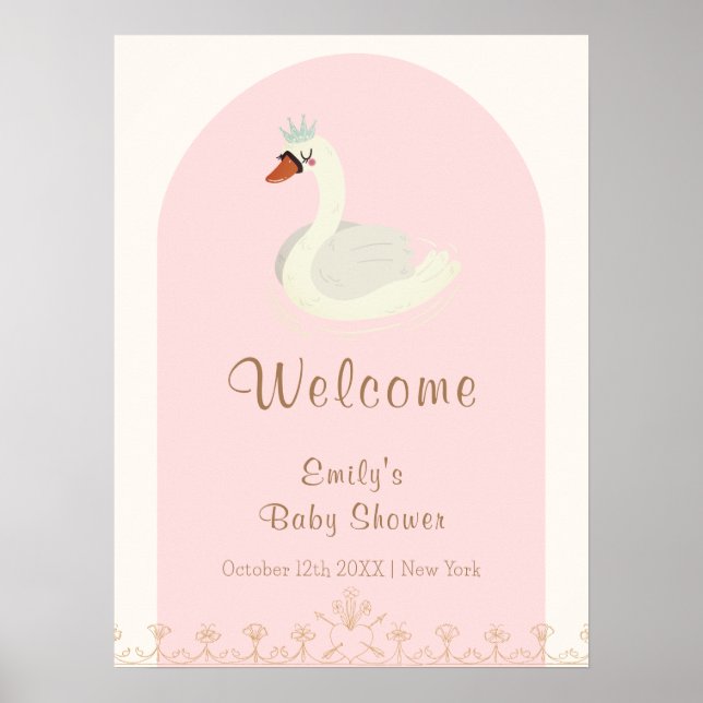 Poster Arco Boho Rosa Princesa Cisne Bem-vindo ao Chá de  (Frente)