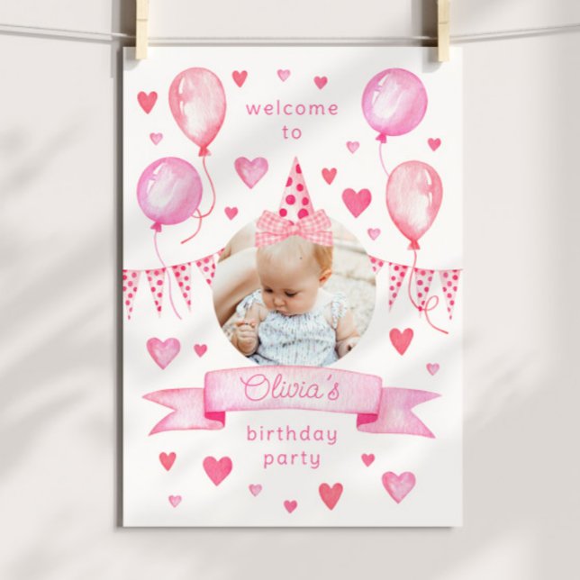 Poster Arco Coquette Pink Photo Hat Festa de aniversário  (pink coquette birthday party welcome poster with custom photo and movable bow hat)