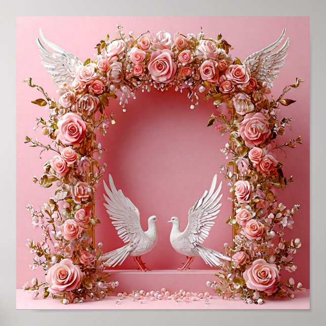 Poster Arco de Casamento Rosas Rosa Pombas Brancas 🌸🕊️� (Frente)