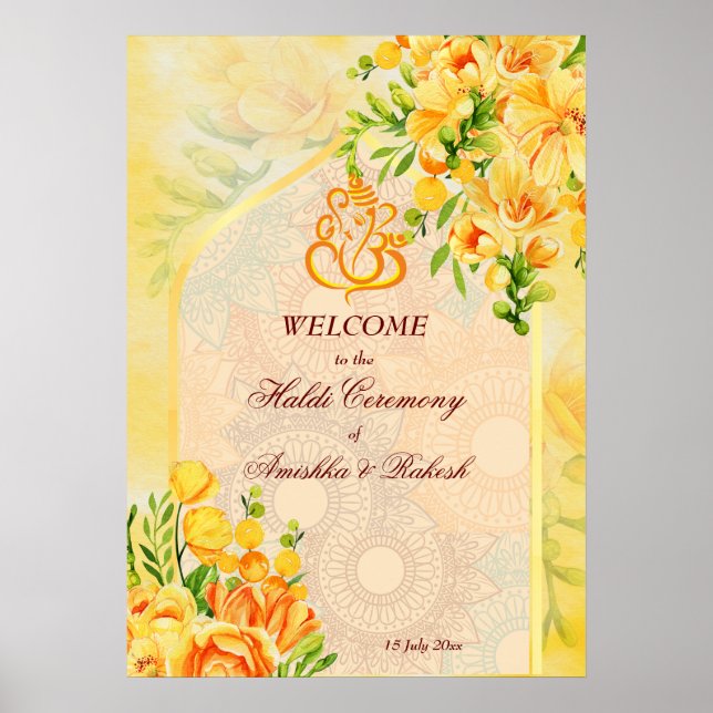 Poster Arco de flores amarelas Ganesha Haldi sinal de boa (Frente)