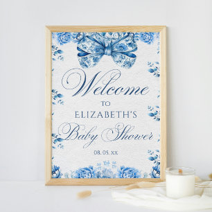Poster Arco Floral Azul Elegante Caligrafia Bem-vinda