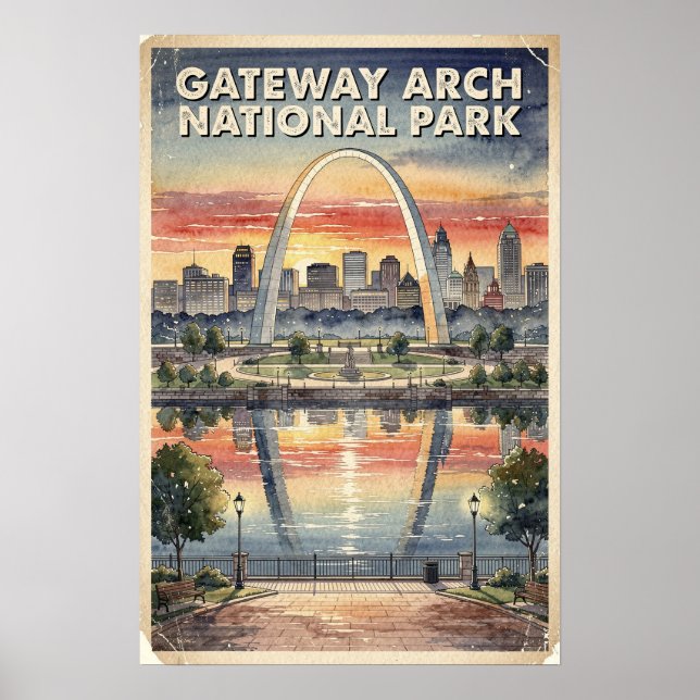 Poster Arco Gateway Parque Nacional Watercolor Retro (Frente)