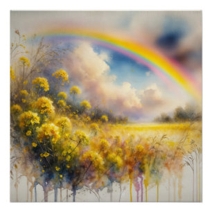 Póster Arco-Íris Aquarela Sobre Prados De Flores Selvagen