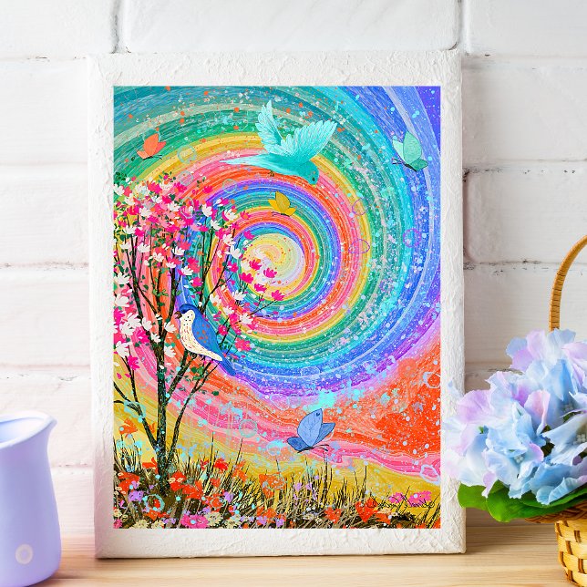 Poster Arco-Íris Colorido Natureza Selvagens. (Colorful Beautiful Rainbow in wildflower fields with birds and butterflies.)