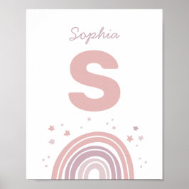 Poster Arco-íris fofo rosa e roxo. Nome monograma criança