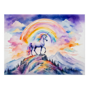 Póster Arco-íris Mágico Unicórnio Boho Aquarela Sob Ra