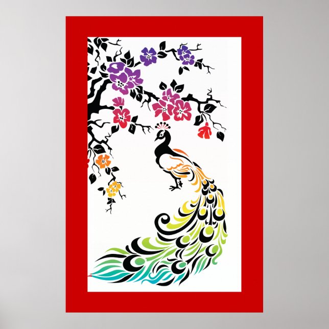 Poster Arco-íris, pavão negro e flores de cereja (Frente)