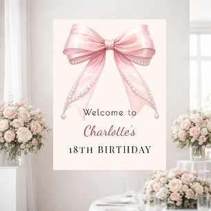 Poster Arco-íris rosa de aniversário creme pérolas bem-vi