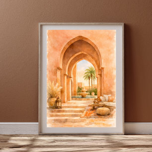 Poster Arco Marroquino em Aquarela Riad com Fonte