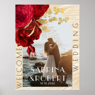 Poster Arco Moderno Foto Casamento Floral Bem-vindo Borgo