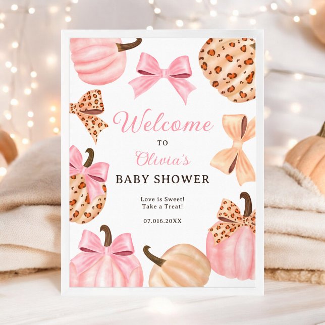 Poster Arco rosa chá de fraldas Pumpkin bem-vindo (Coquette Pink Bow Pumpkin baby shower welcome Poster)