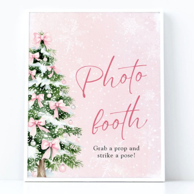 Poster Arco rosa-claro Sinal de Booth de Foto em Árvore d (Cute Pink Bows Christmas Tree Photo Booth Sign)