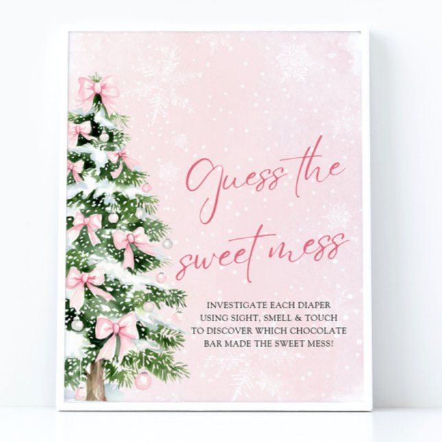 Poster Arcos, Chá de fraldas de Natal, adivinhem a doce M (Pink Bows Christmas Baby Shower Guess the Sweet Mess Sign)