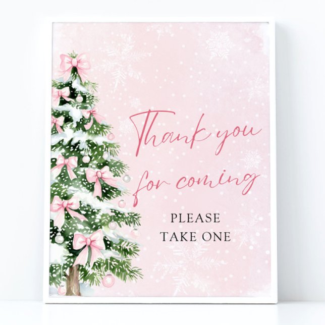 Poster Arcos Chá de fraldas De Natal Obrigado Por Vir (Pink Bows Christmas Baby Shower Thank You For Coming Sign)