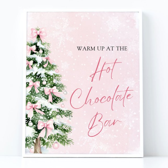 Poster Arcos cor-de-rosa Elegante Bar de chocolate quente (Watercolor Pink Bows Christmas Tree Hot Cocoa Bar Sign)