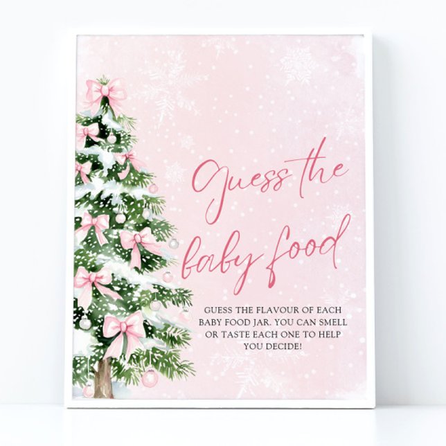 Poster Arcos de Natal Adivinhem o Chá de fraldas da Comid (Pink Bows Christmas Guess the Baby Food Baby Shower Sign)