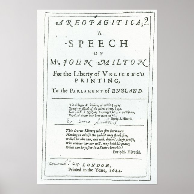 Póster Areopagítica é discurso de John Milton (Frente)