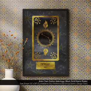 Poster Aries Dark Zodiac Astrologia: Nome Dourado Negro