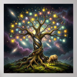 Poster Áries e Árvore da Vida Entre Estrelas e Galáxias