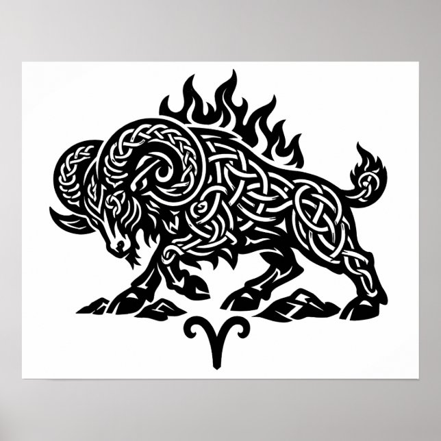 Poster Áries Fogo‑Carneiro – Zodíaco de Tinta Assombrada  (Frente)
