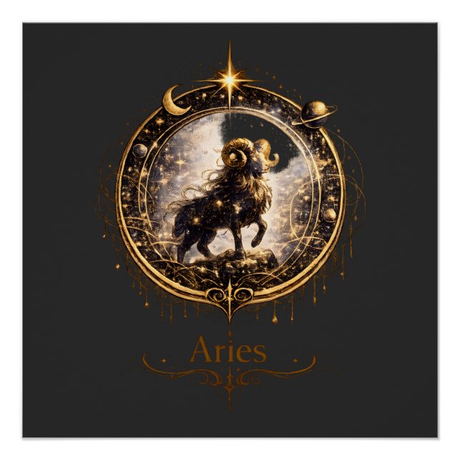 Póster Aries Zodiac Sign Celestial Ram–Mystical Astrology (Frente)