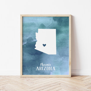 Poster Arizona Map Blue Watercolor Personalizado Art Impr