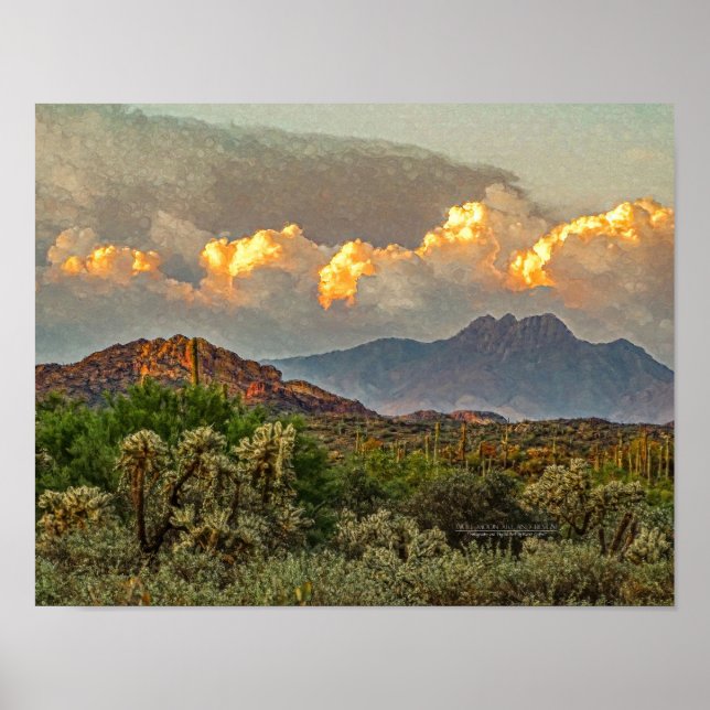 Poster Arizona Quatro Picos Nuvens Coloridas Montanha Sun (Frente)