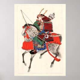 Poster armadura e capacete de chifre, Samurai, a cavalo