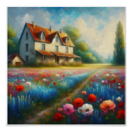 Póster Armazém num campo de flores