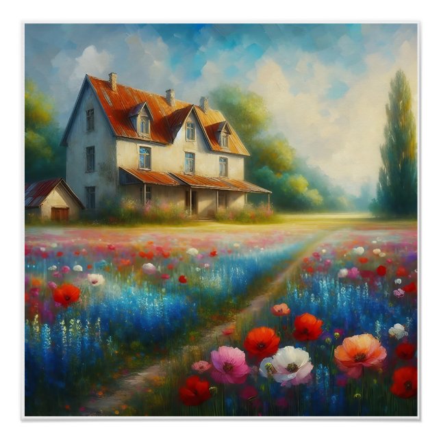 Póster Armazém num campo de flores (Frente)