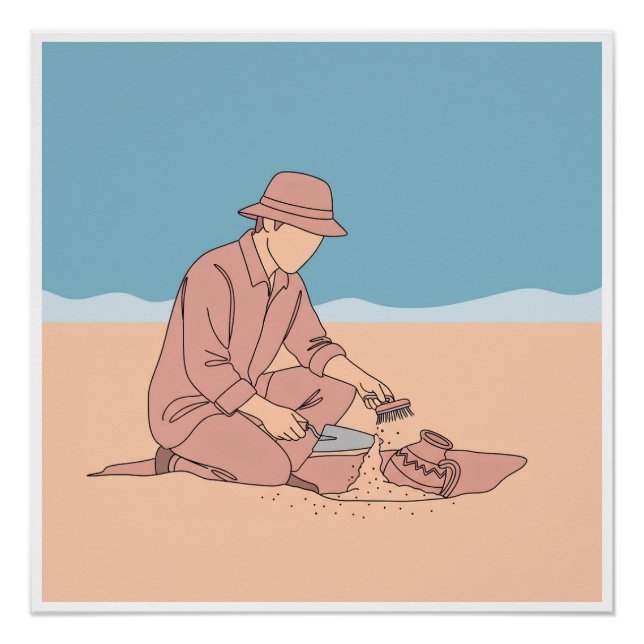 Póster Arqueólogo simples, arte de uma linha contínua (Frente)