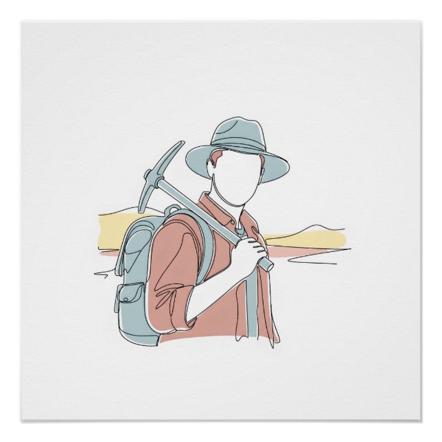 Póster Arqueólogo simples, arte de uma linha contínua (Frente)