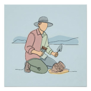 Póster Arqueólogo simples, arte de uma linha contínua