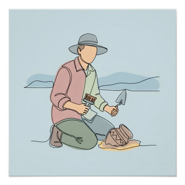 Póster Arqueólogo simples, arte de uma linha contínua (Frente)