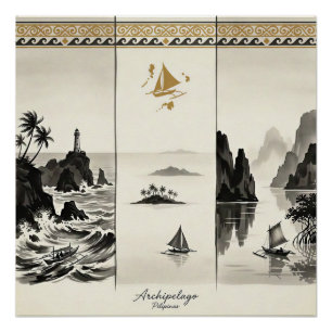 Póster Arquipélago-Três Mares das Filipinas Sumi-e