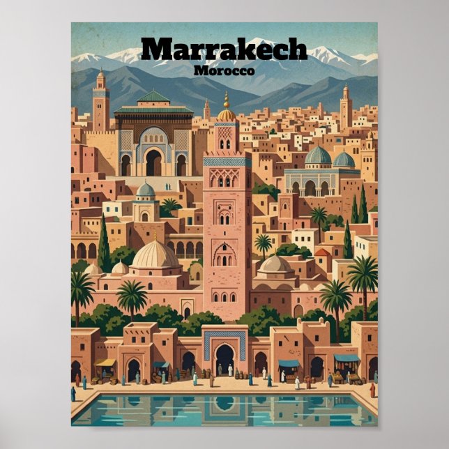 Poster Arquitetura de Viagem Marrakech Marrocos Vintage (Frente)