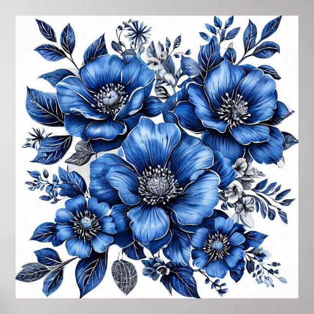Poster Arranjo Floral Azul e Branco Lindo (Frente)
