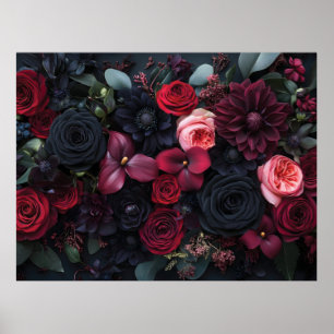 Poster Arranjo Floral Escuro Elegante com Rosas